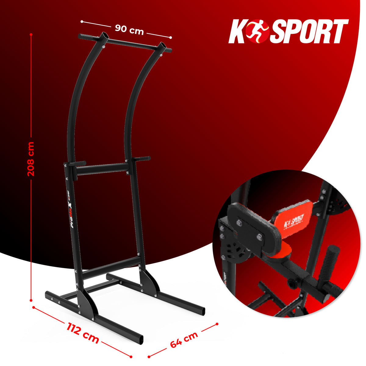 K-Sport pull-up station dimensions with a close-up of the frame connection