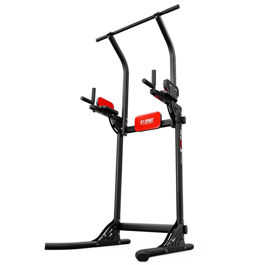 Angled full view of the black steel Multi-Function Dip & Pull Up Station featuring comfortable red padding and non-slip grips