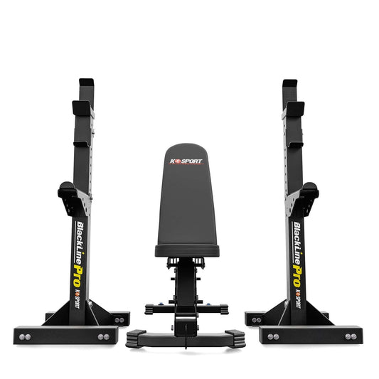 Front view of adjustable weight bench between two barbell rack stands