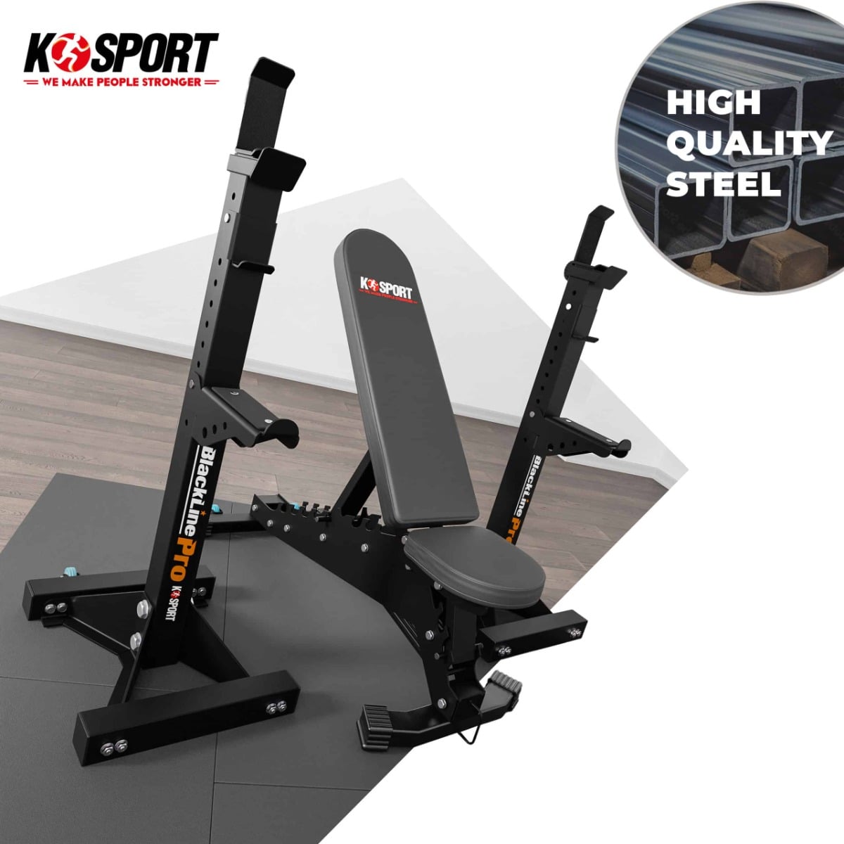 Weight bench and barbell rack stands set up in a home gym