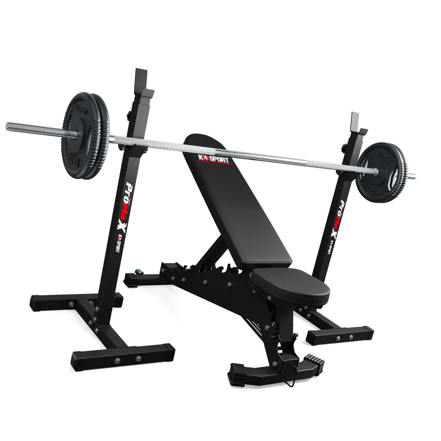 Weight bench with weight plates on a white background