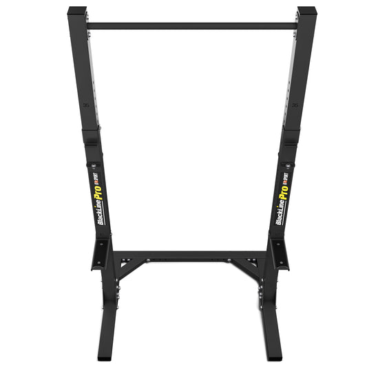 Front view of freestanding squat rack with integrated pull-up bar and adjustable barbell supports