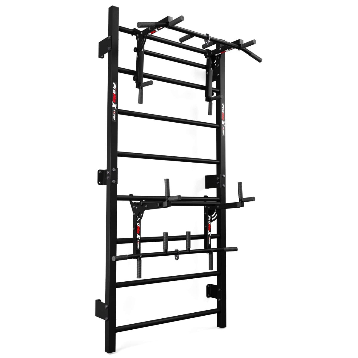 Swedish Ladder Wall Bars gymnastics set featuring a height-adjustable dip station and multi-grip pull-up bar