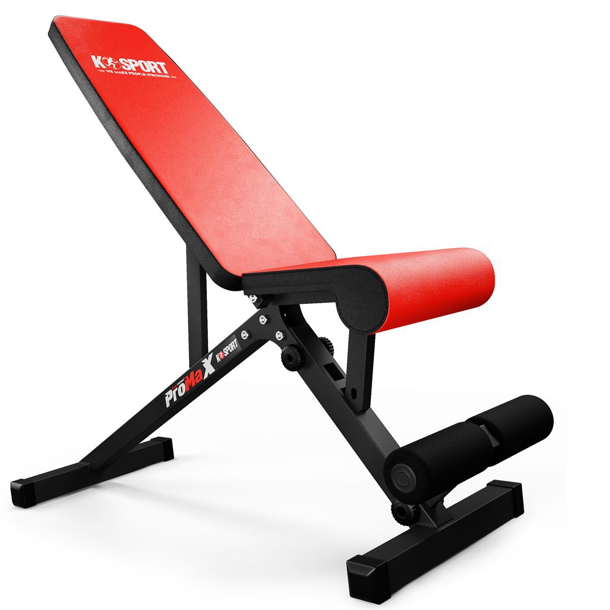 Red and black adjustable weight lifting bench in incline position