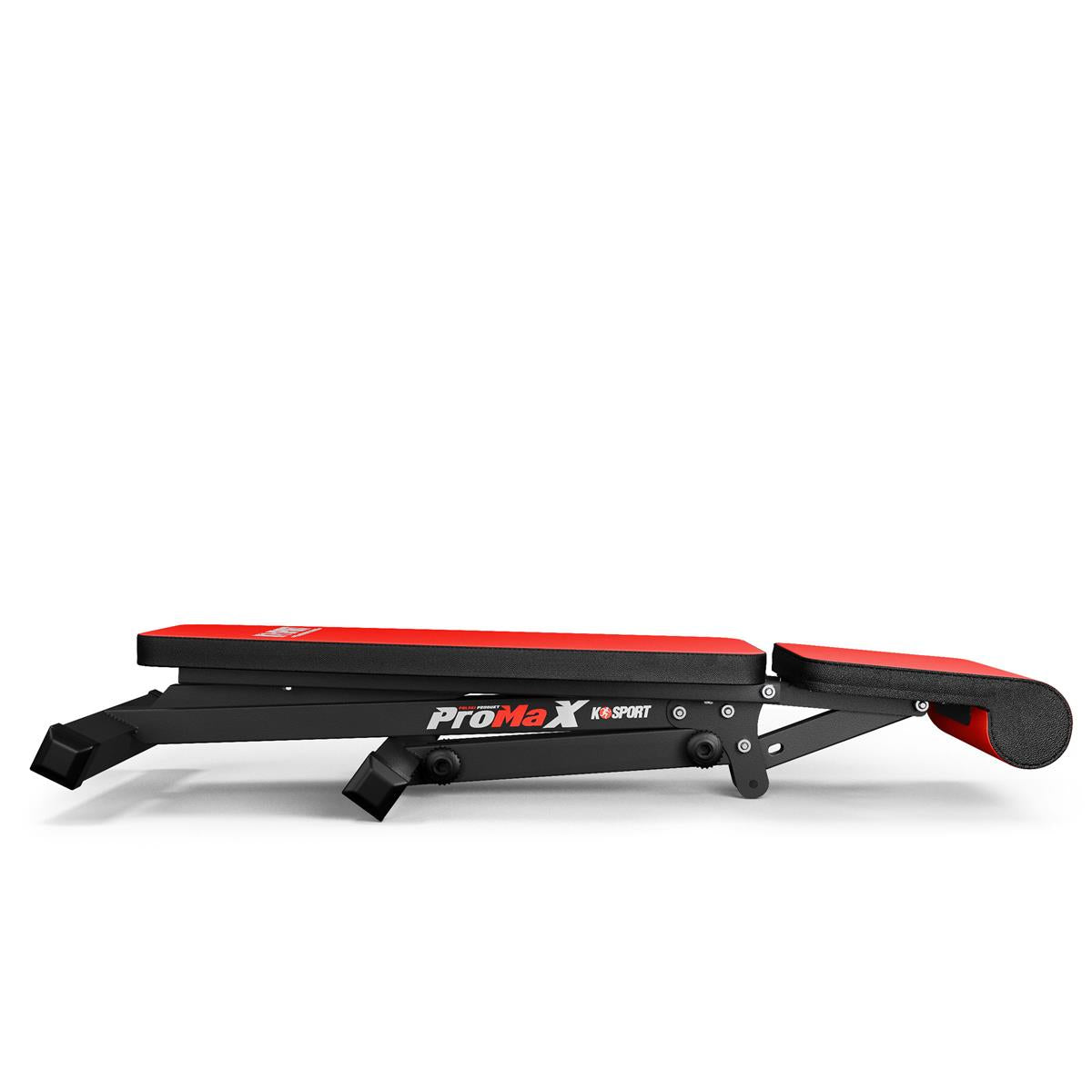 Folded adjustable weight lifting bench shown from side view