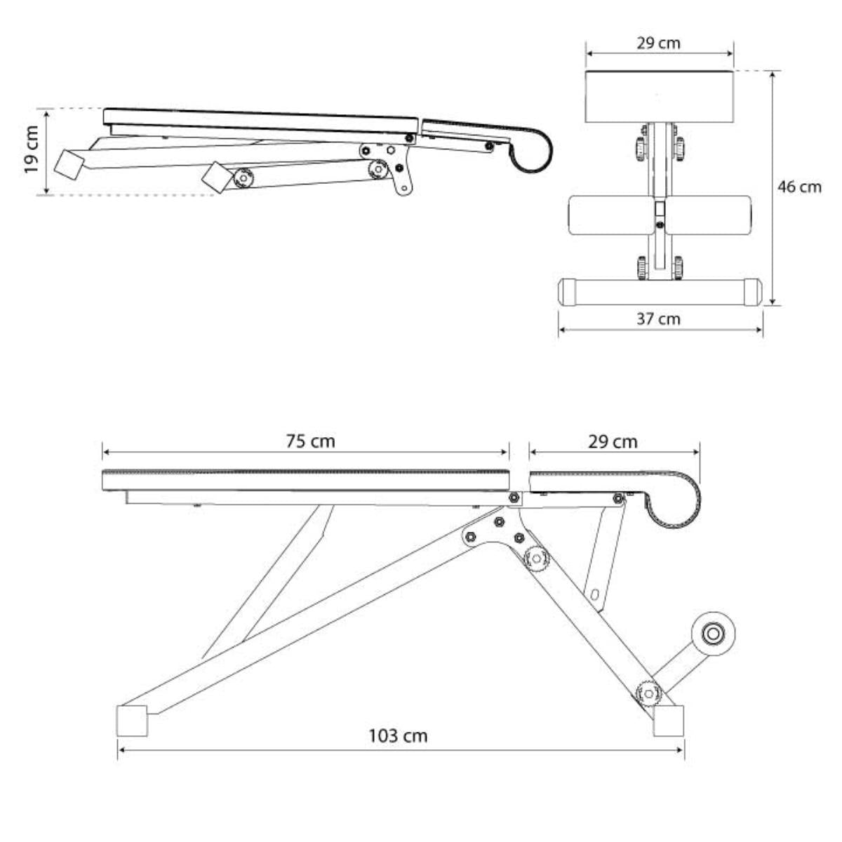 Technical dimensions of adjustable and foldable weight lifting bench