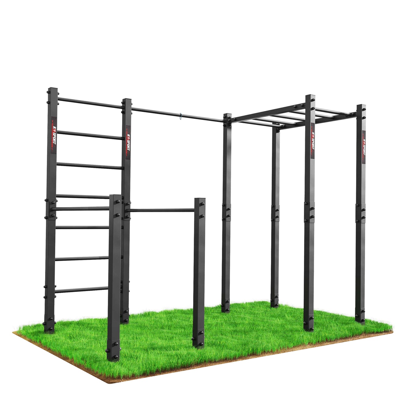 Outdoor calisthenics station with monkey bars and pull-up ladder on grass platform, front perspective