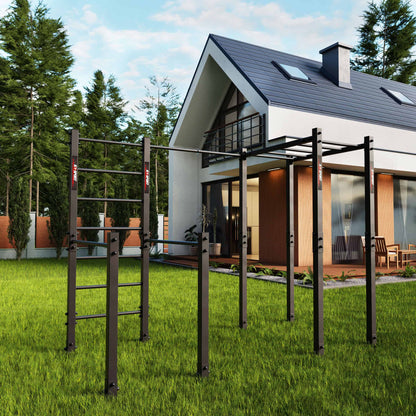 Outdoor calisthenics workout station with monkey bars placed in garden next to modern house
