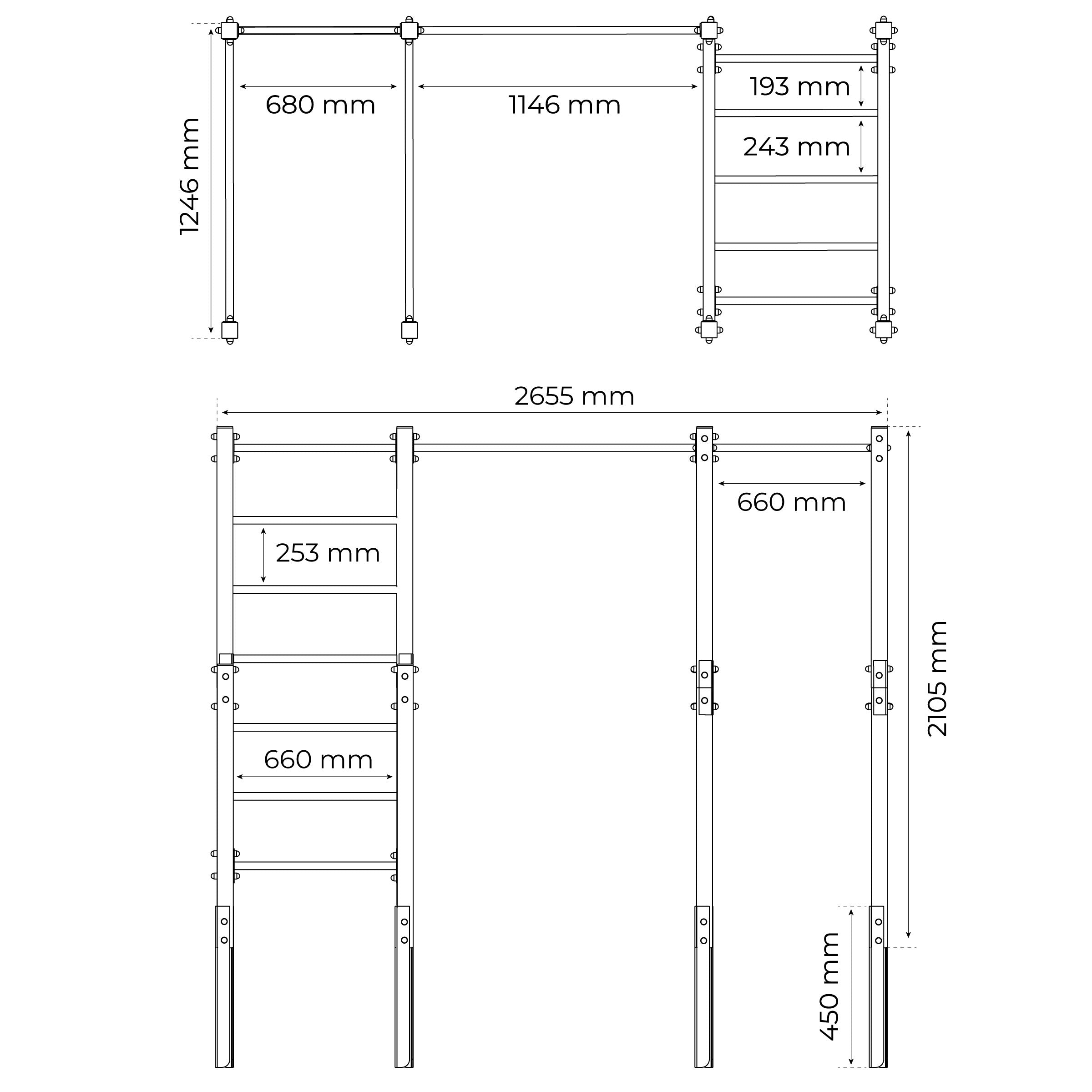 Technical dimensions of outdoor calisthenics station with monkey bars