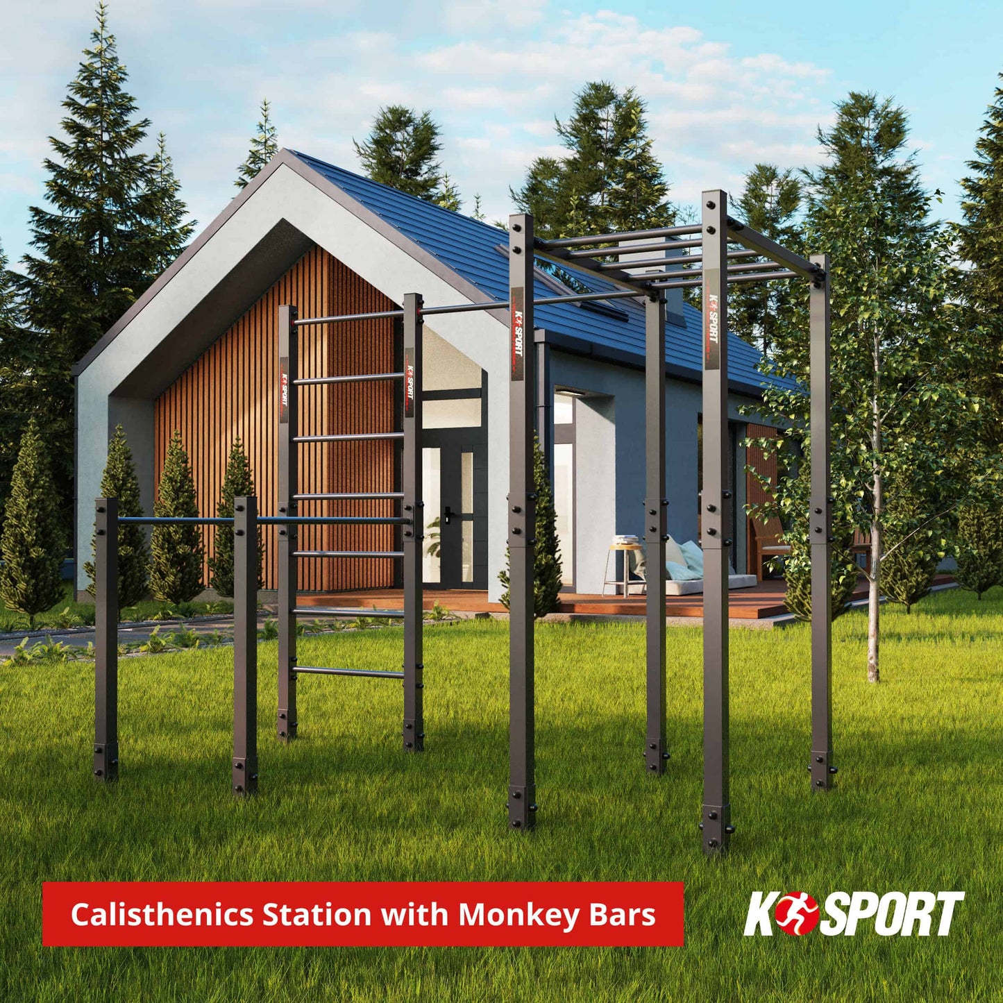 Calisthenics station with monkey bars installed in modern backyard garden near house exterior