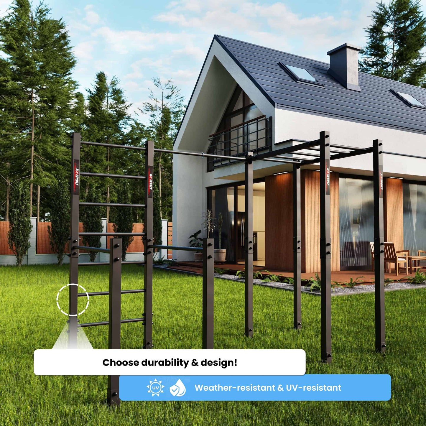 Outdoor fitness station with pull-up bars and monkey bars in residential garden setting