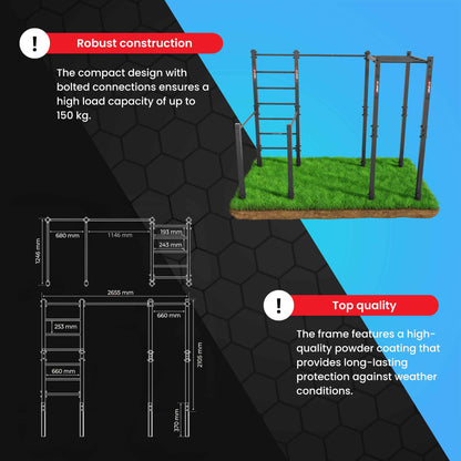 Calisthenics station technical drawing with dimensions and product features for outdoor workout equipment