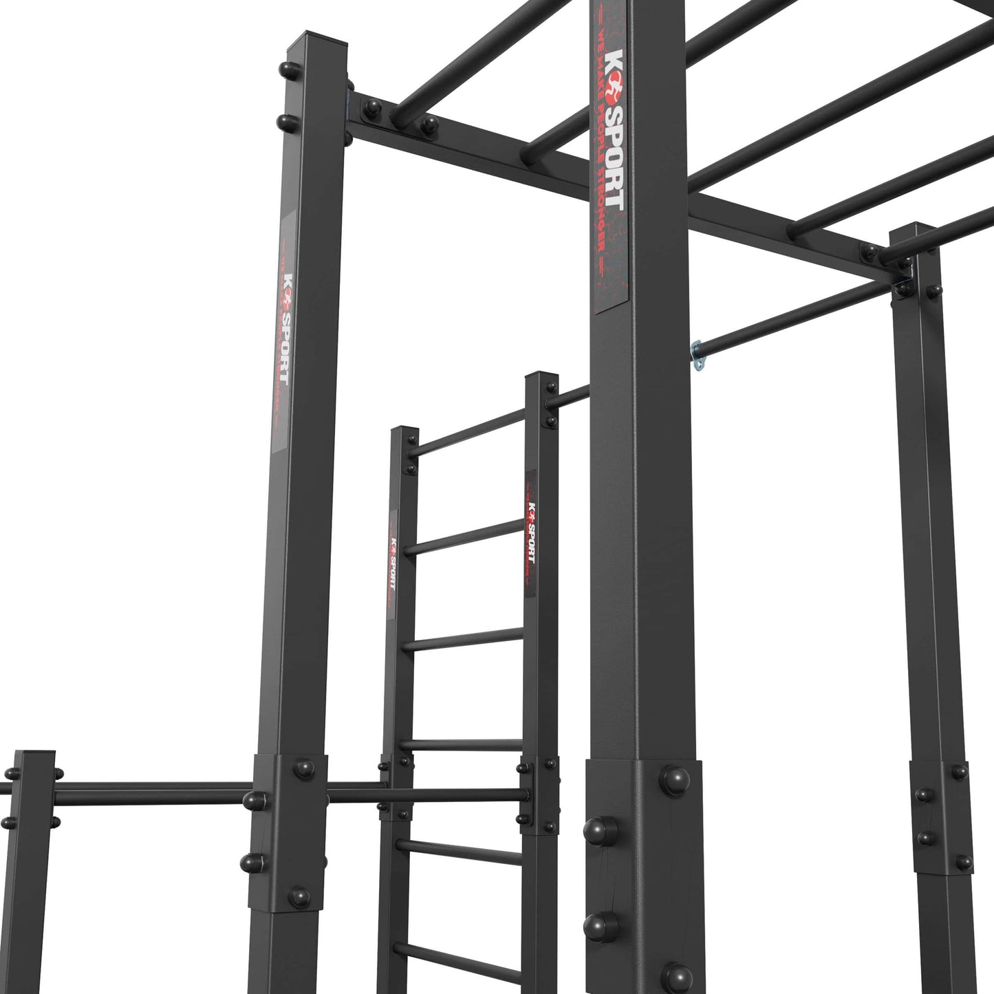 Close-up of steel frame construction and powder-coated finish on outdoor calisthenics monkey bars