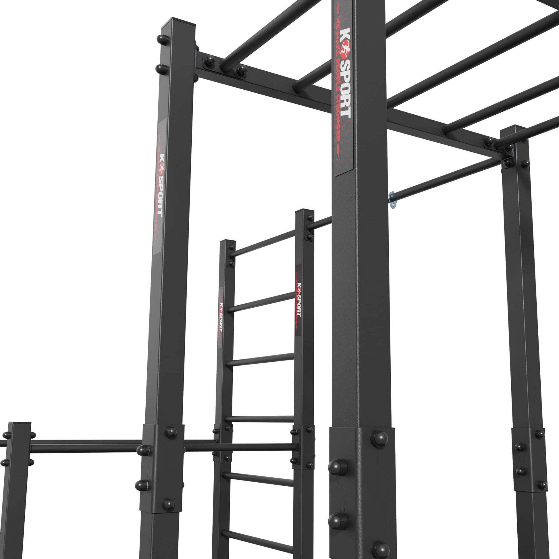 Close-up of steel frame construction and powder-coated finish on outdoor calisthenics monkey bars