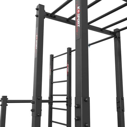 Close-up of steel frame construction and powder-coated finish on outdoor calisthenics monkey bars