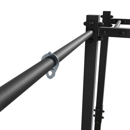 Detailed view of horizontal pull-up bar with mounting bracket on outdoor calisthenics structure