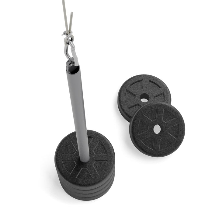 Weight loading pin with plates for ceiling mounted lat pulldown