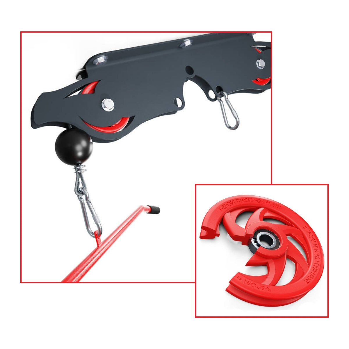 Ceiling mounted pulley system with lat pulldown bar and red pulley detail