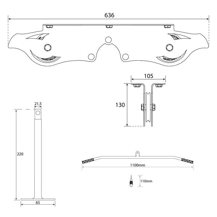 Technical dimensions of ceiling mounted lat pulldown with pulley unit, loading pin and lat bar