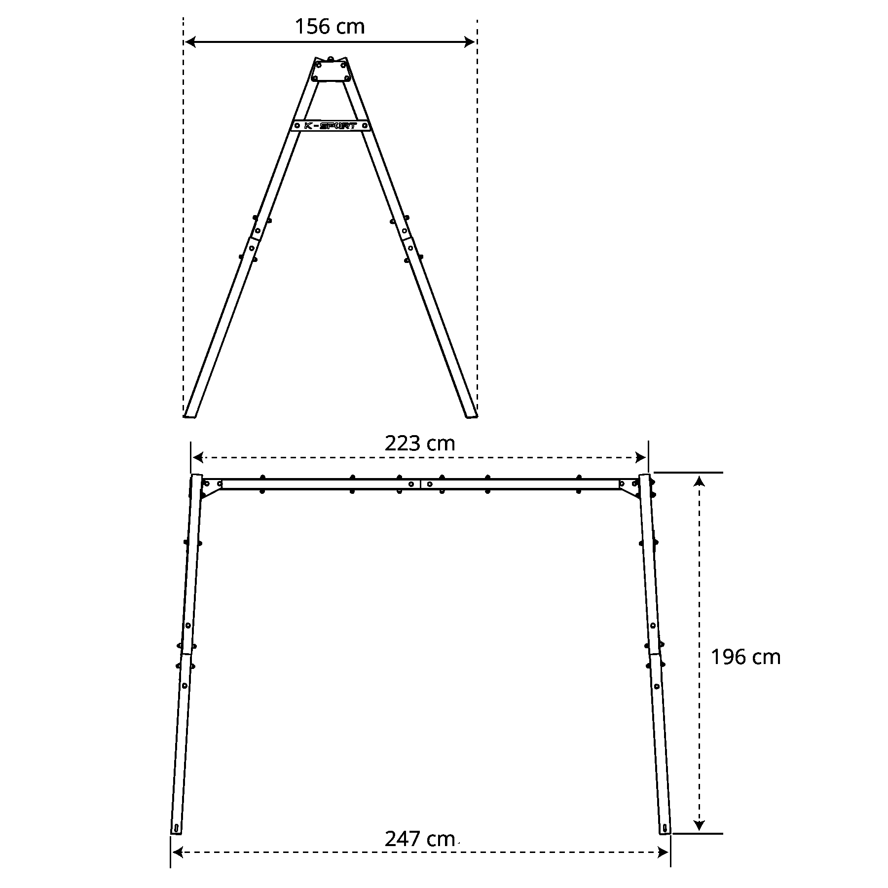 Technical dimensions of double children's swing frame for garden
