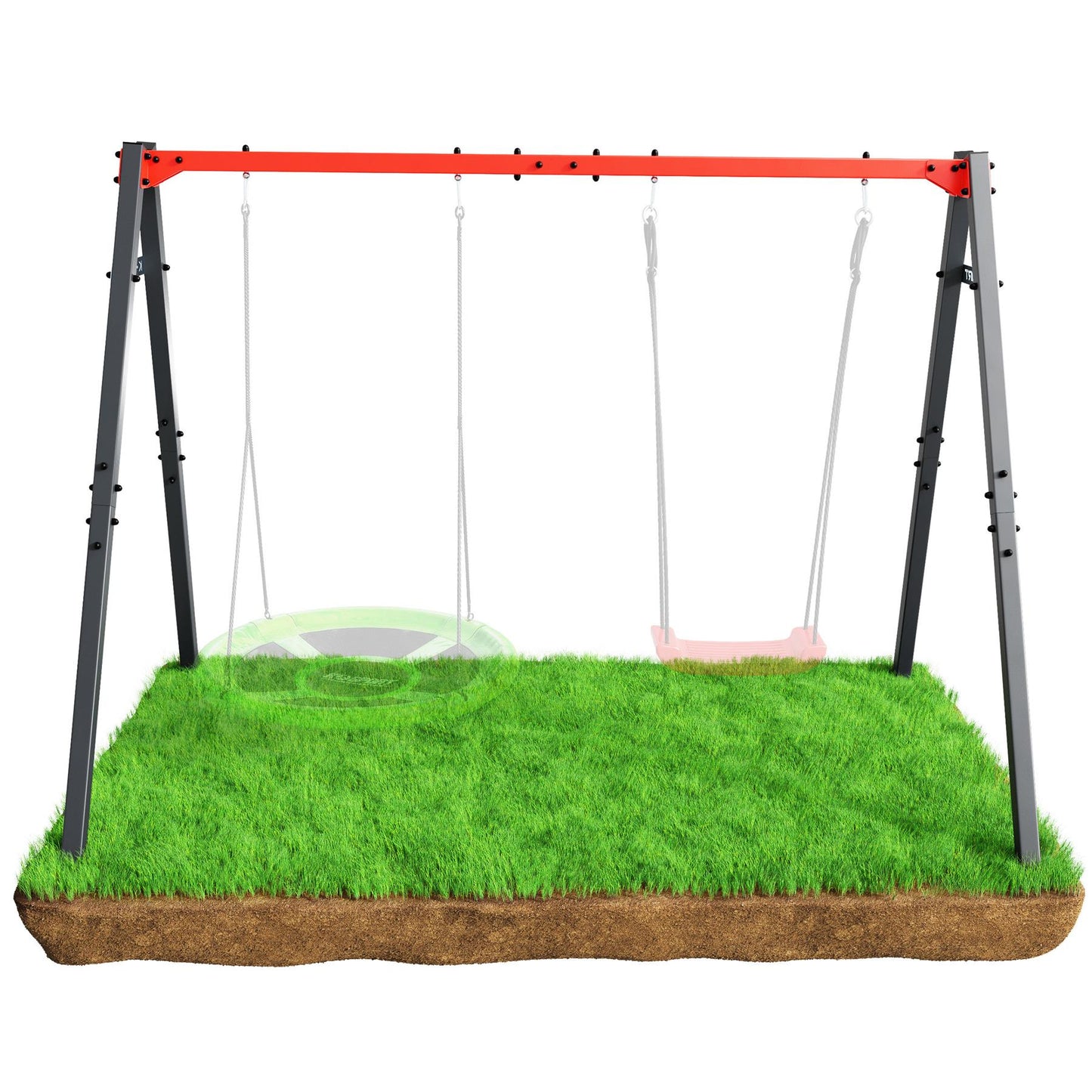 Front view of double children's swing frame for garden with two swing positions
