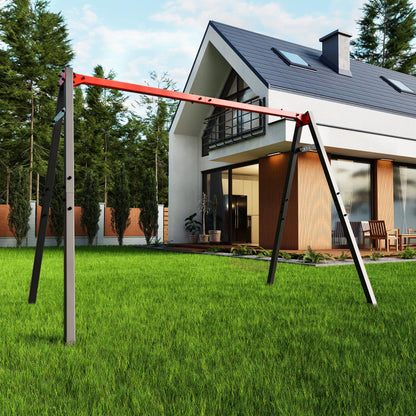 Double children's swing frame installed on lawn in private garden