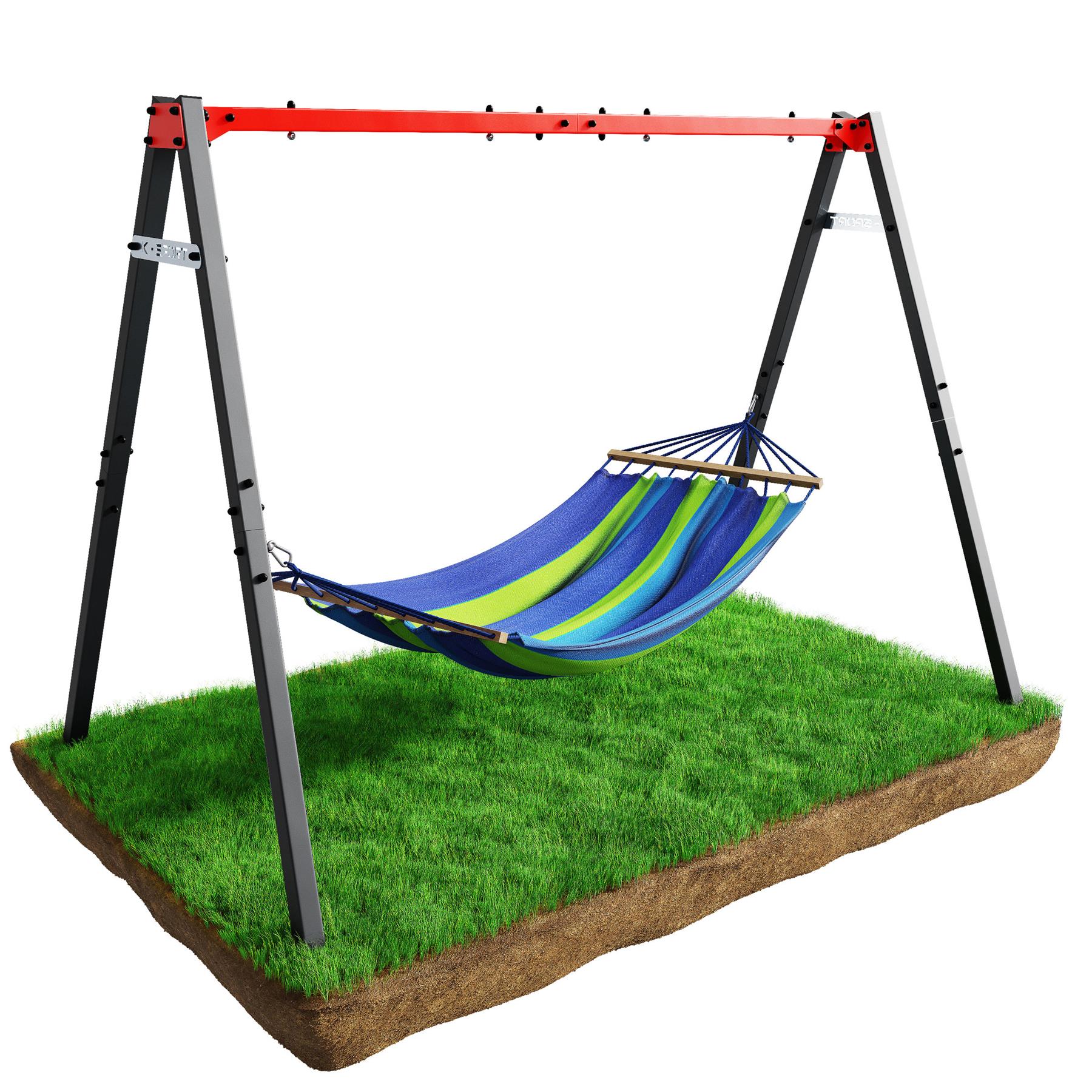 Double garden swing frame with hammock attached