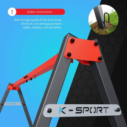 Close-up of reinforced steel swing frame with red top beam and side supports