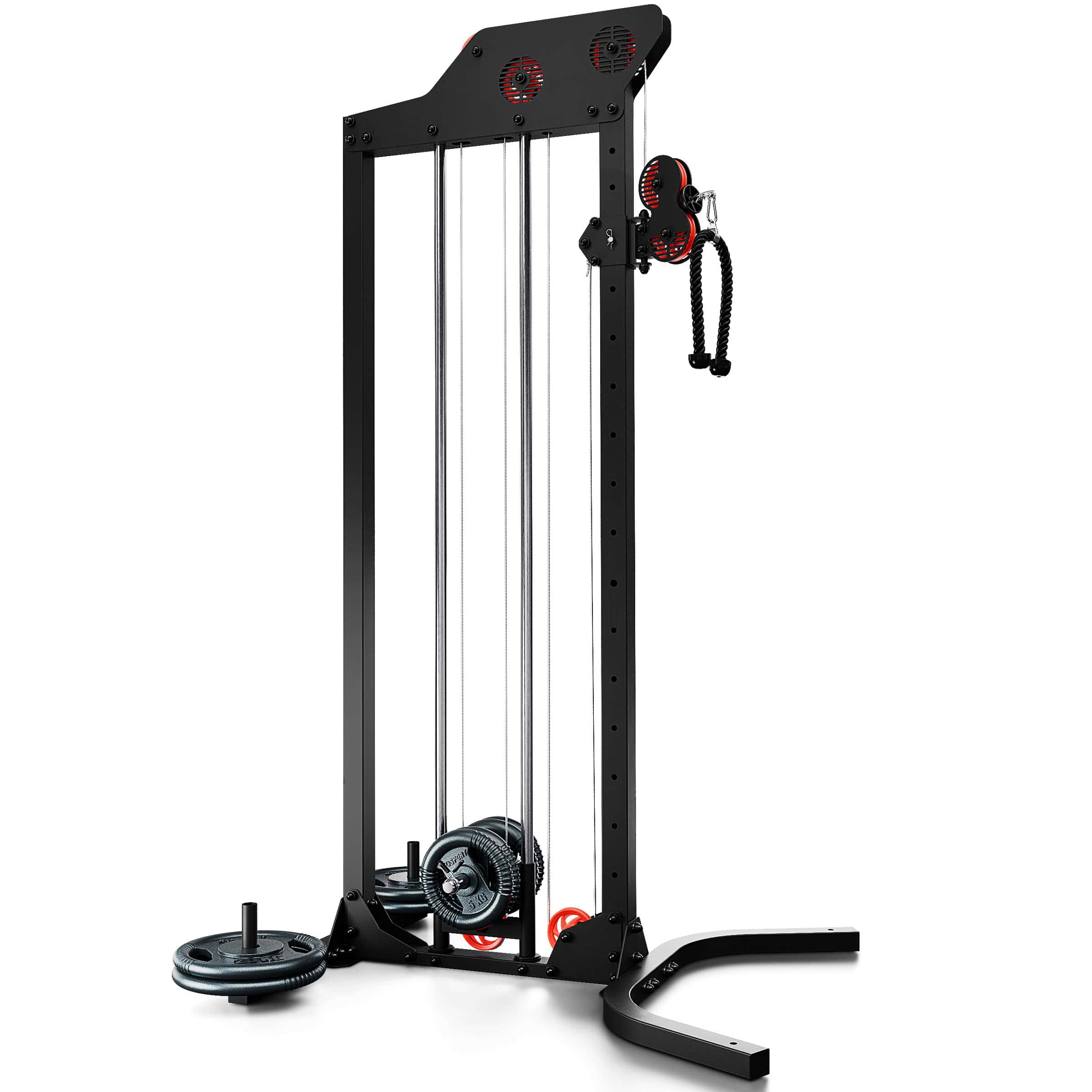 Free-standing cable pulley machine with adjustable lat pulldown and plate-loaded weight system