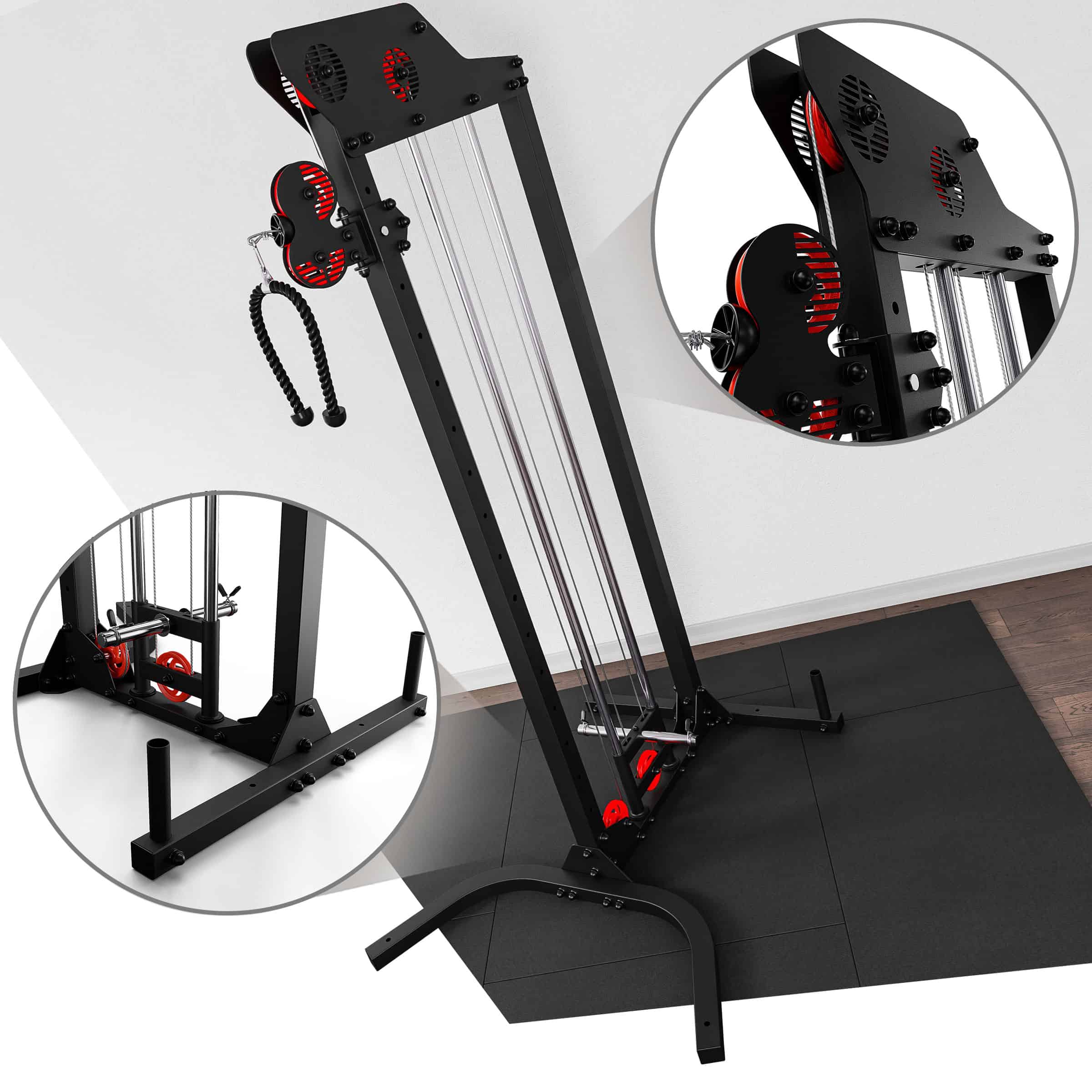 Free-standing cable pulley machine with detail views of frame, pulley and weight plate holders