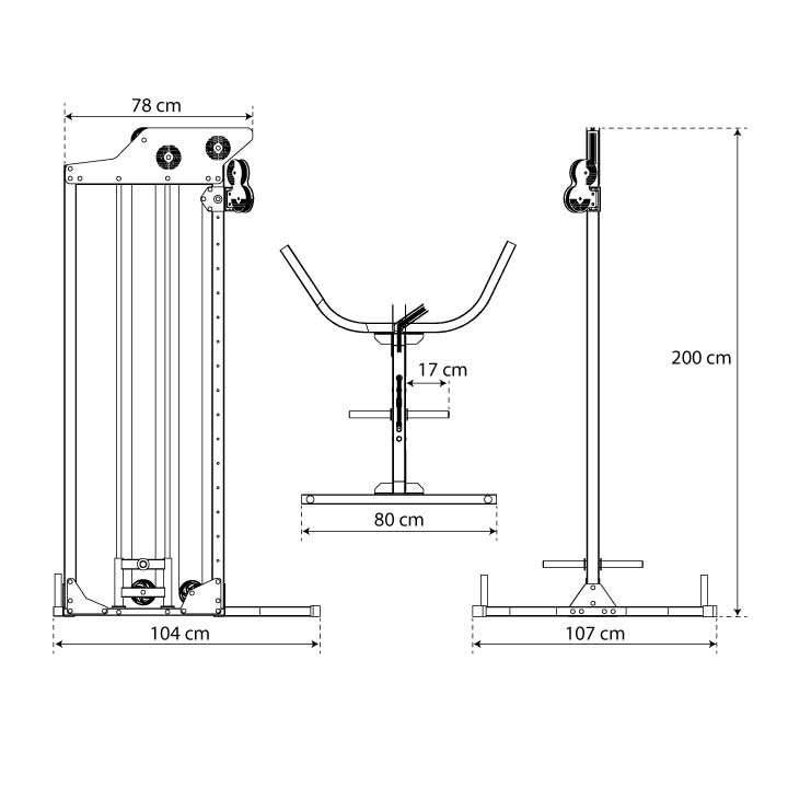 Technical dimensions of free-standing cable pulley machine with adjustable lat pulldown