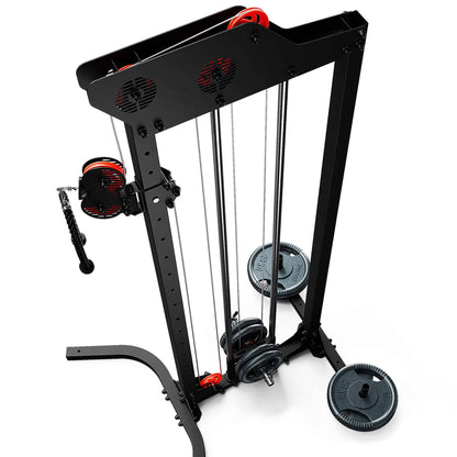 Close-up of upper frame and dual pulleys on adjustable cable machine with steel cables and black powder-coated finish