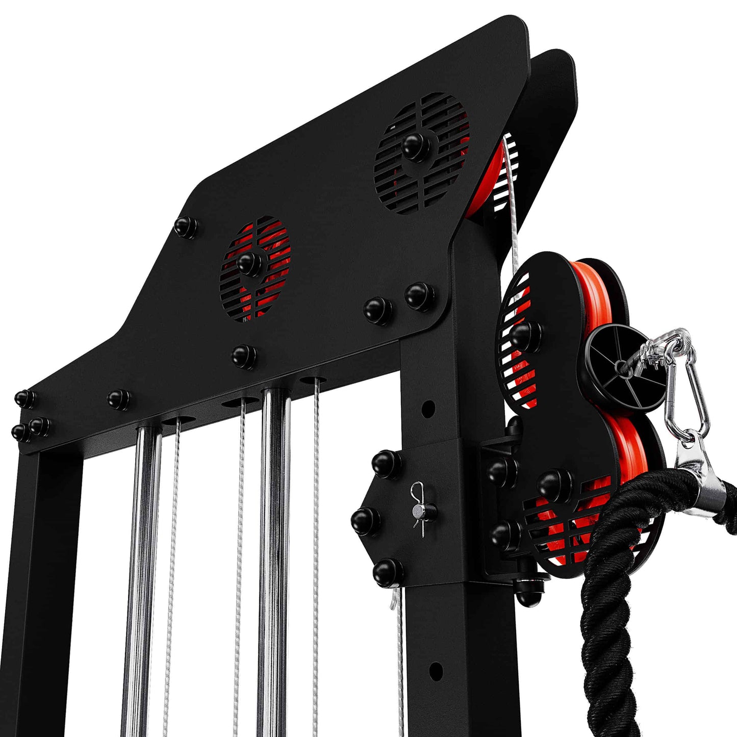 Detail of pulley system with red wheels and rope attachment on multifunction cable workout machine