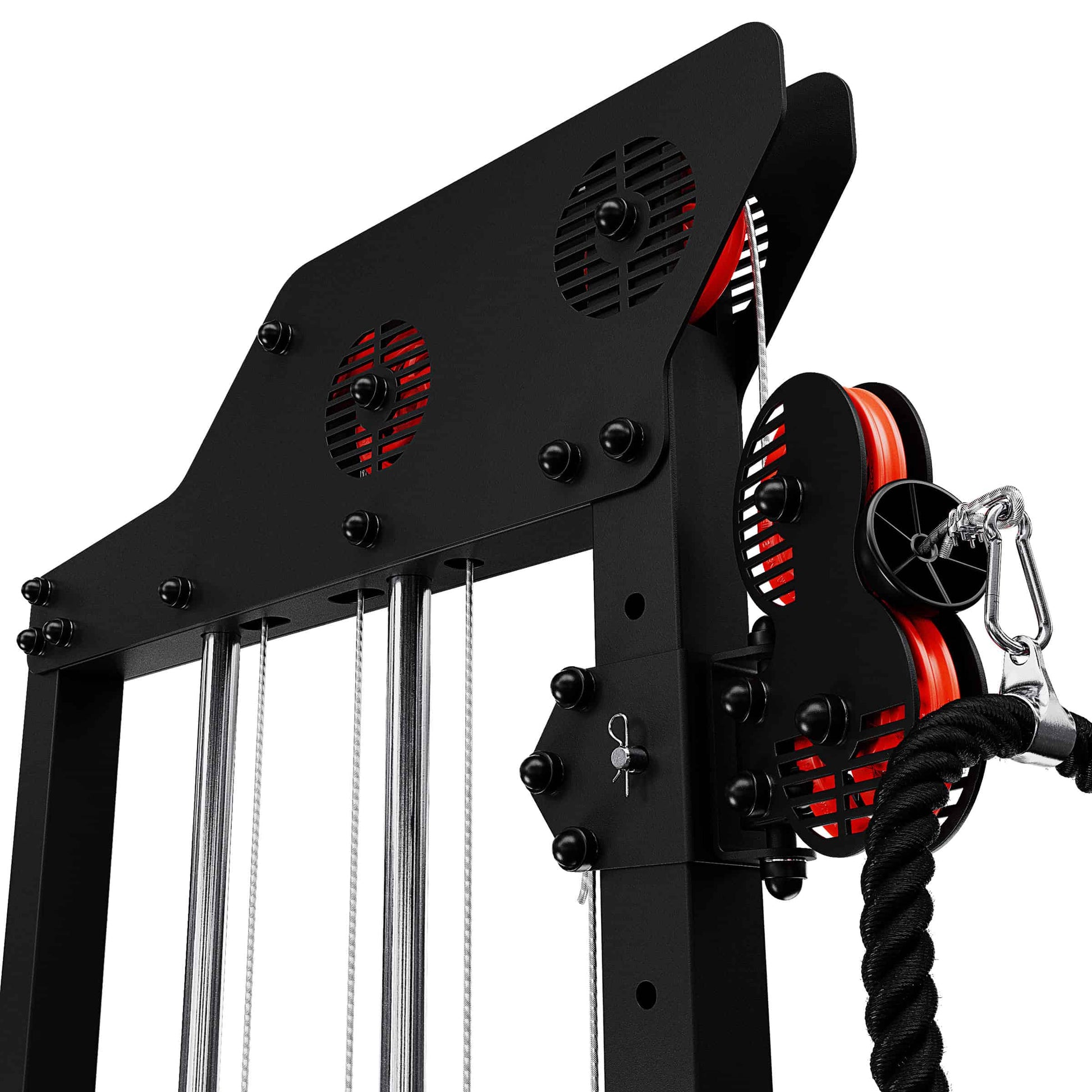 Detail of pulley system with red wheels and rope attachment on multifunction cable workout machine
