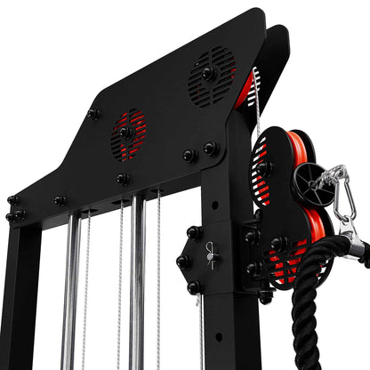 Detail of pulley system with red wheels and rope attachment on multifunction cable workout machine
