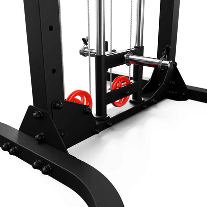 Lower section of cable pulley machine showing guide rods, weight loading system, and adjustable bar support