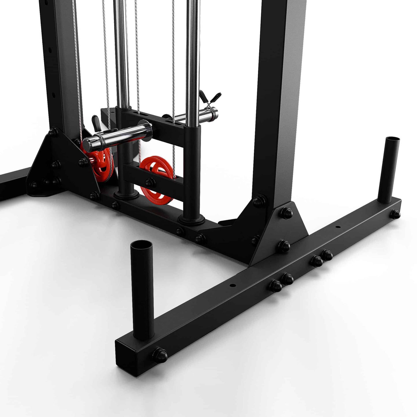 Base frame and stabilizers of free-standing cable machine with sturdy steel construction and mounting points