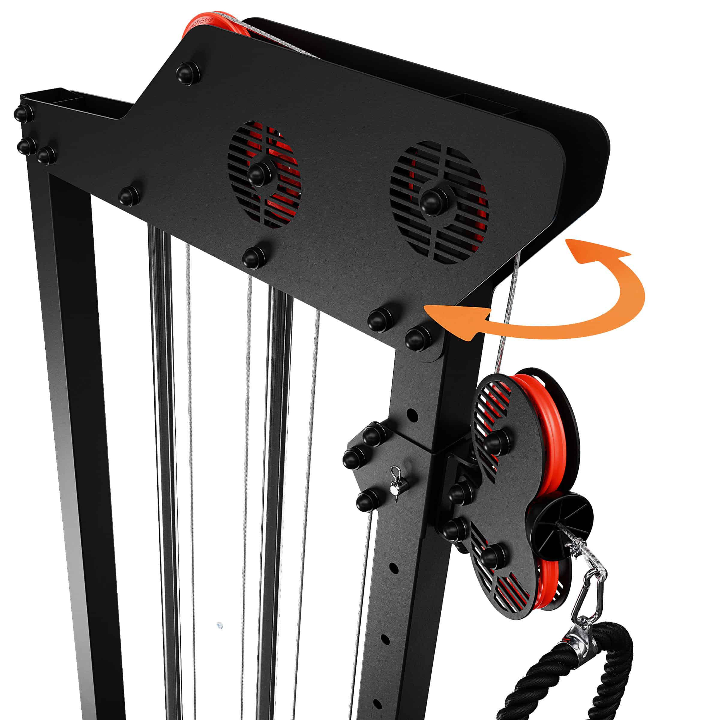 Rotating pulley on free-standing cable machine for smooth functional training