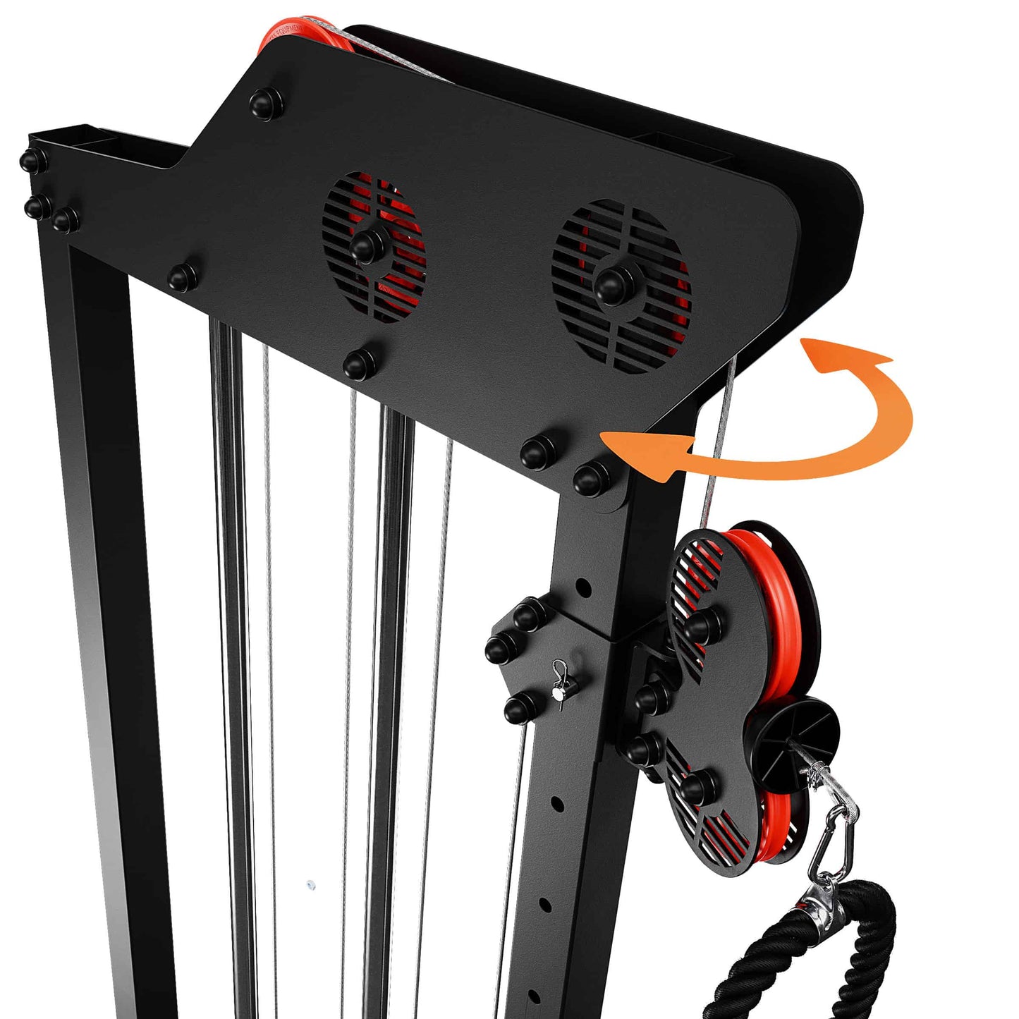 Adjustable top pulley system with rotating mechanism on cable machine for versatile strength training exercises