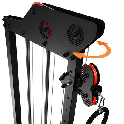 Adjustable top pulley system with rotating mechanism on cable machine for versatile strength training exercises