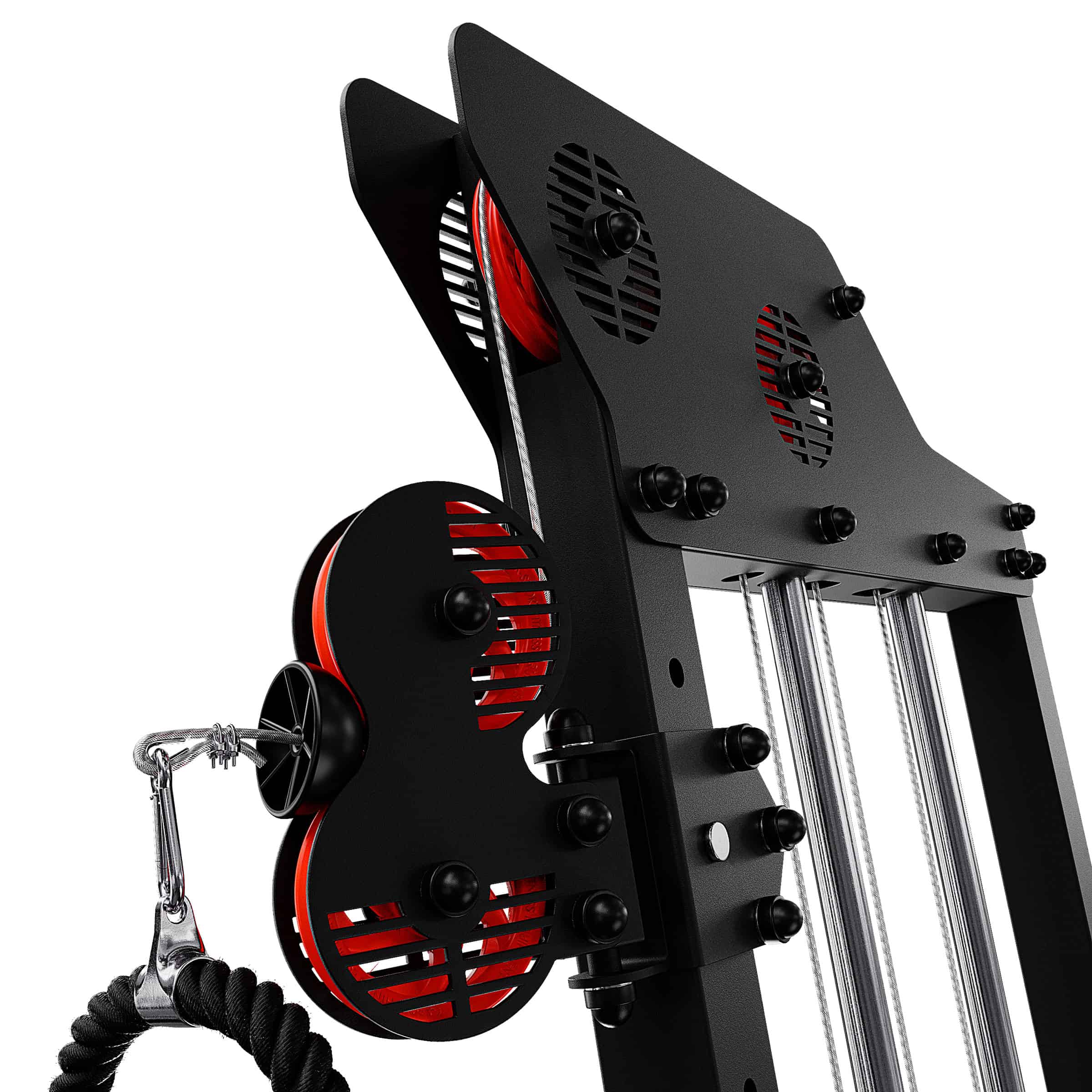 Close-up of rotating pulley mechanism and triceps rope on adjustable cable machine