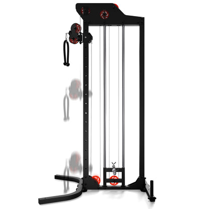 Free-standing cable pulley machine with adjustable height and dual cables for full-body strength training at home gym