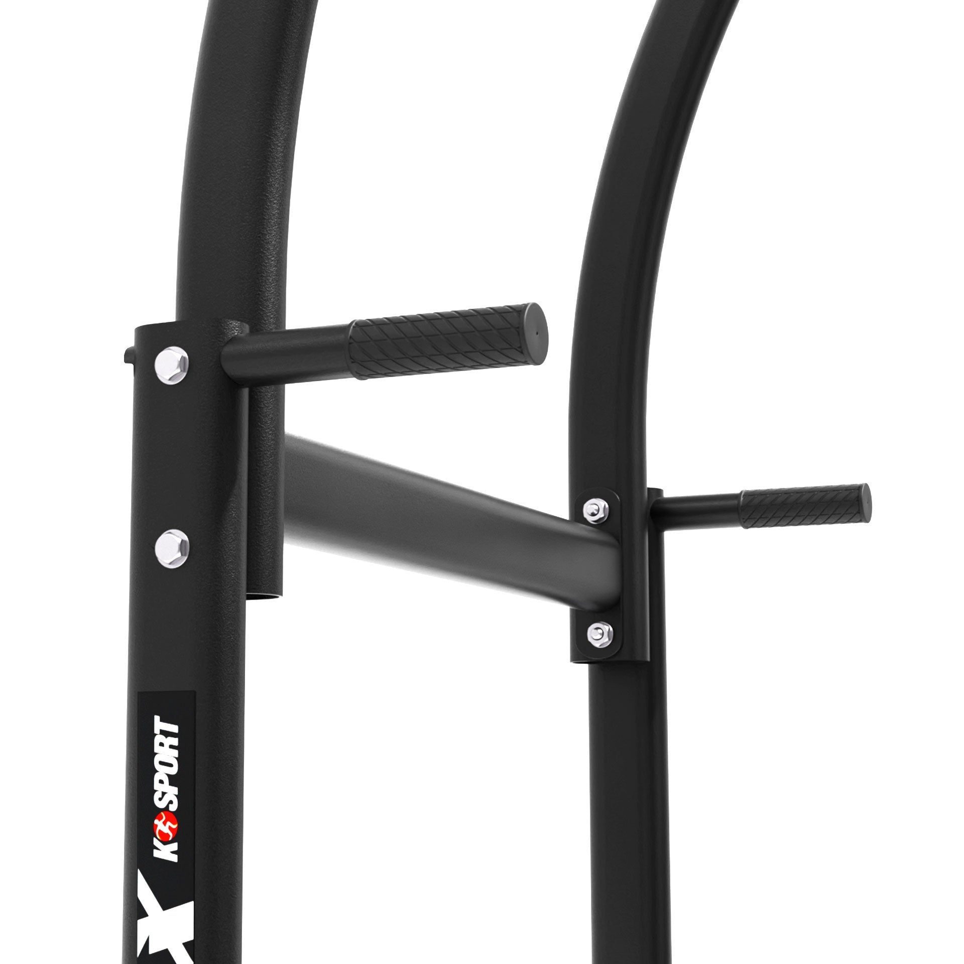 Close-up of dip handle and steel frame on freestanding pull up station
