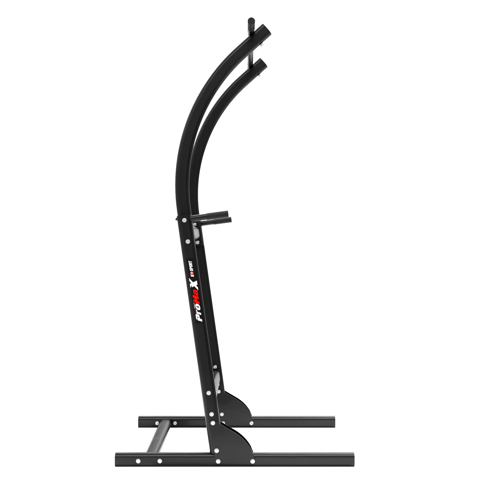 Angled view of freestanding pull up bar and chin up stand with red steel base