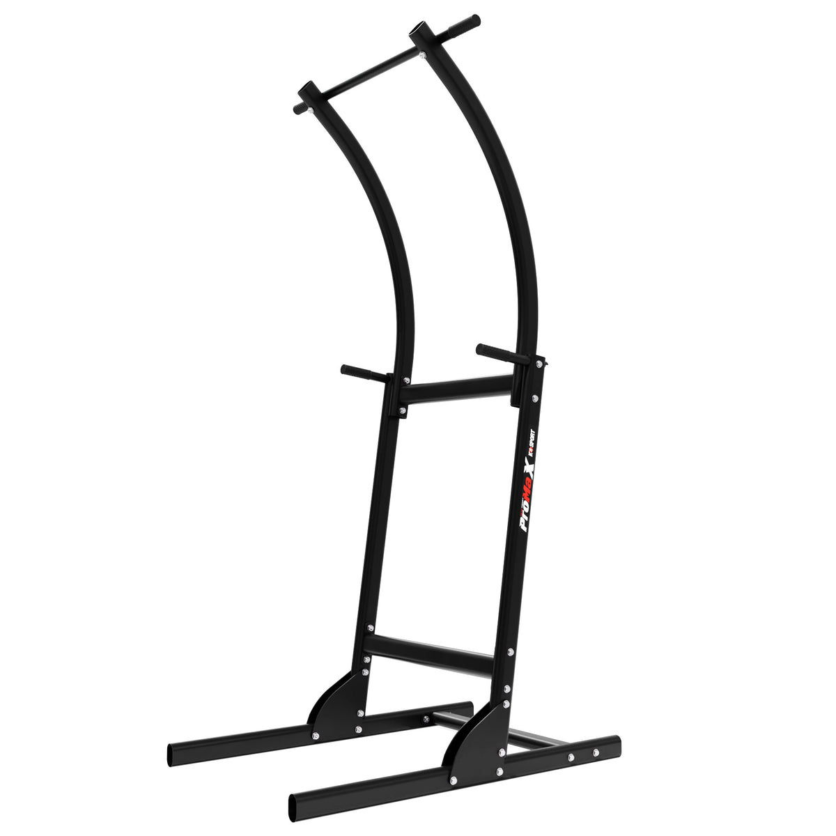 Angled rear view of the pull-up station showing the base and dip handles