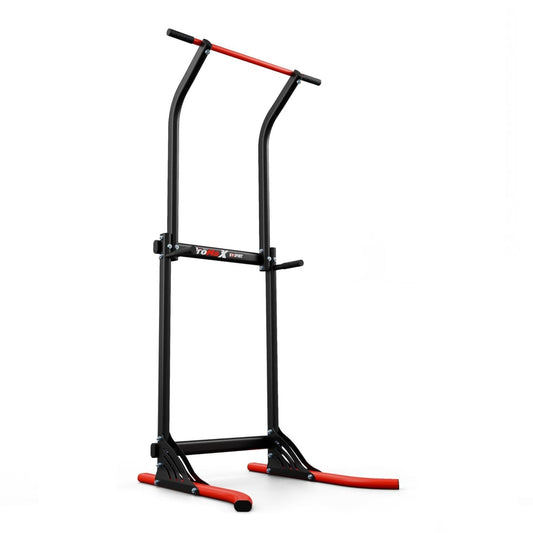Stable pull-up station with red accents and dip bars