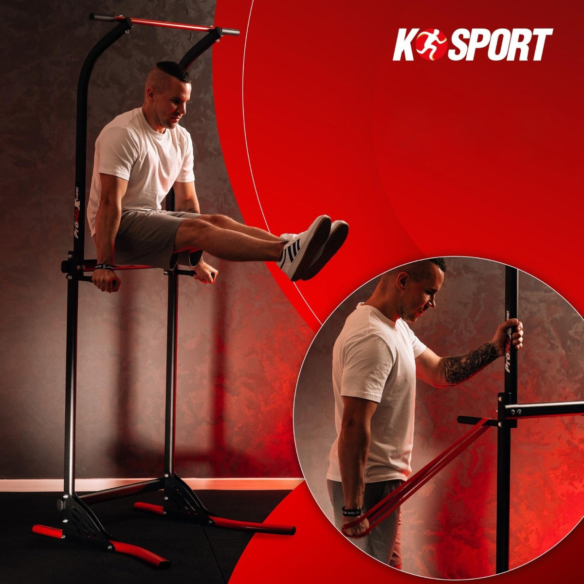 Athlete training on the Power Tower with bodyweight exercises