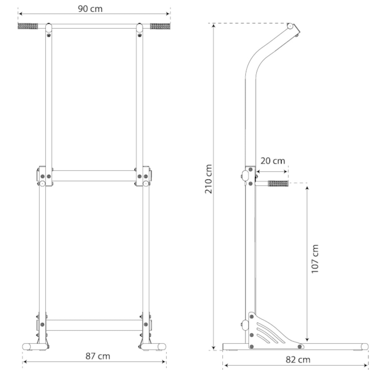 Technical dimensions of freestanding pull up bar and chin up stand