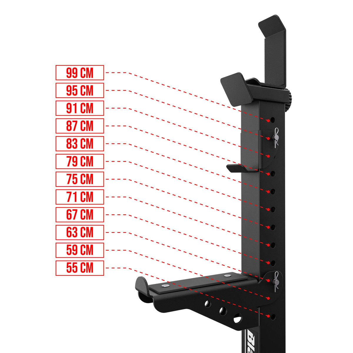 Adjustable safety arm positions on K-Sport KSG017 barbell stand