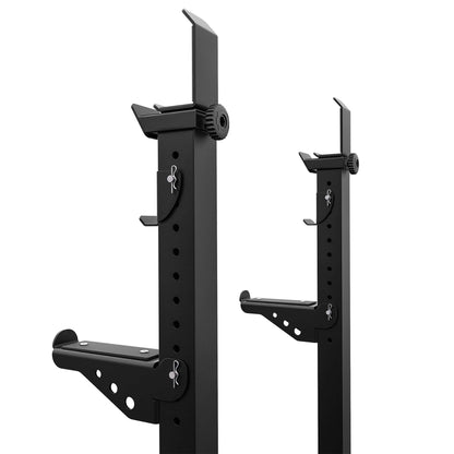 Heavy-duty adjustable barbell stands with safety arms and bar supports
